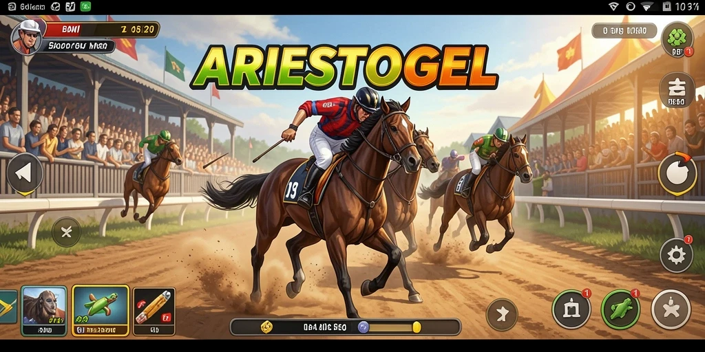 Screenshot gameplay ARIESTOGEL dengan balapan yang mendebarkan.