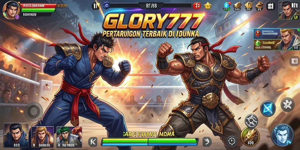 Screenshot utama GLORY777 menampilkan aksi pertarungan yang mendebarkan di arena.