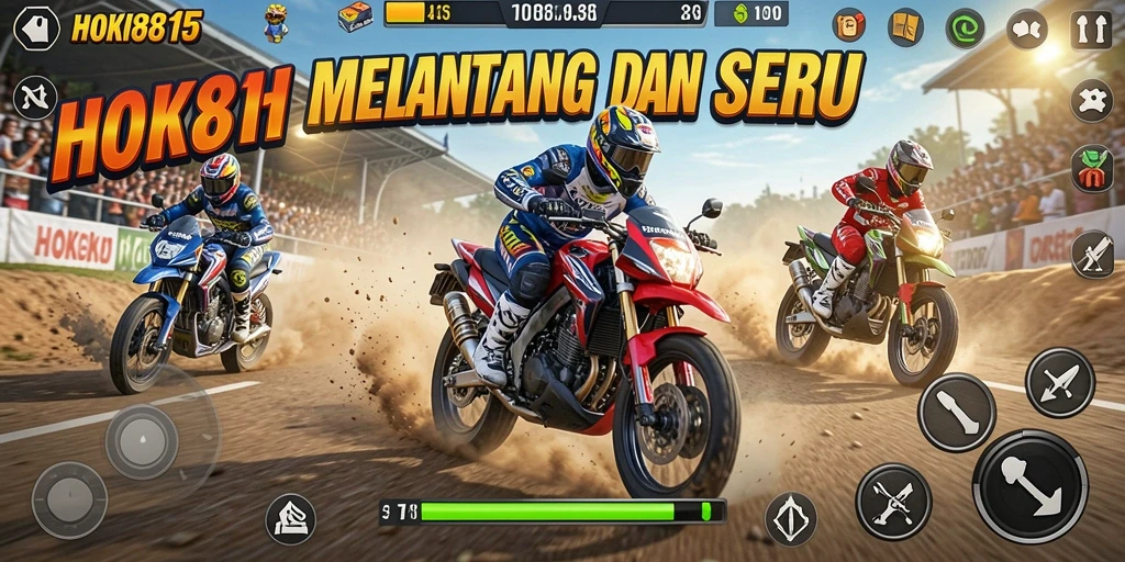 Screenshot gameplay HOKI8815 menampilkan aksi balapan motor yang seru.