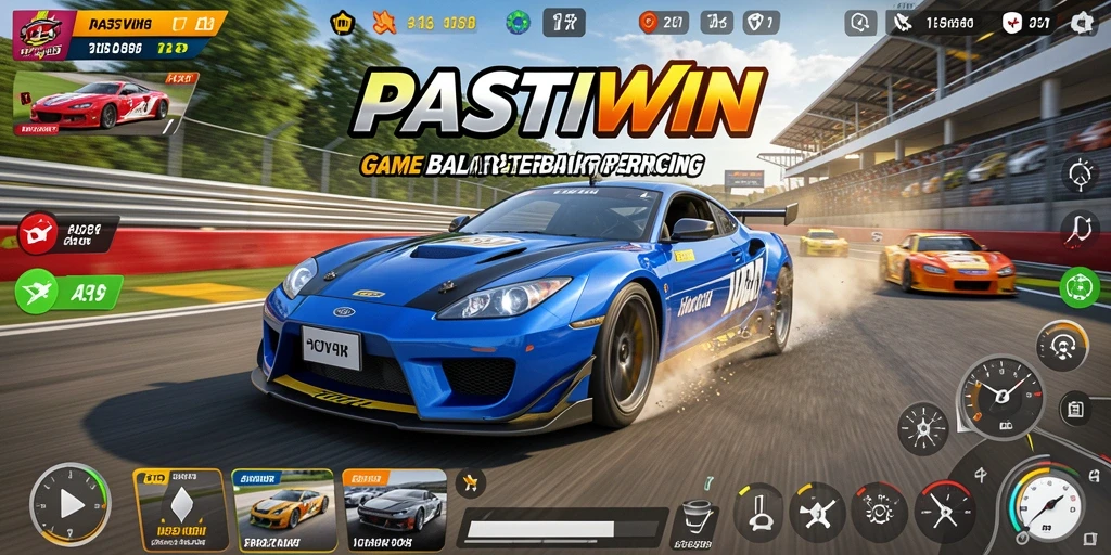 Tampilan gameplay seru dalam PASTIWIN dengan mobil balap yang menggigit.