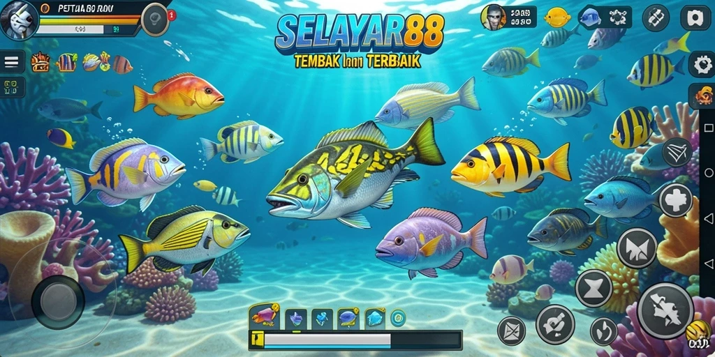 Screenshot gameplay SELAYAR88 menampilkan aksi memukau dalam menembak ikan.
